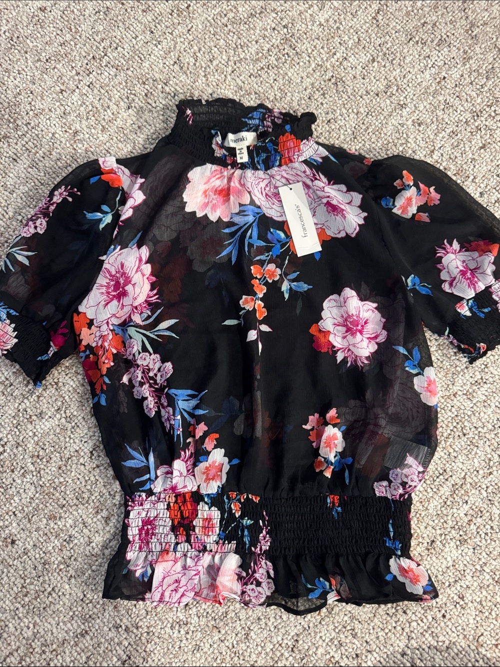 meraki Black Floral Sheer Smocked Waist Blouse